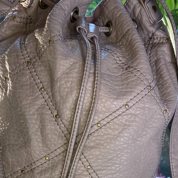 O'Neill grey vegan buttery soft leather bucket draw-string studded crossbody bag - Picture 2 of 6